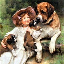 Оригинал схемы вышивки «девочка и собаки» (№1689492)
