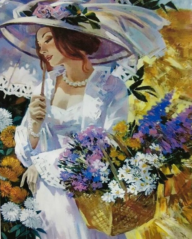 Девушка под зонтом - лето, цветы, девушка - оригинал