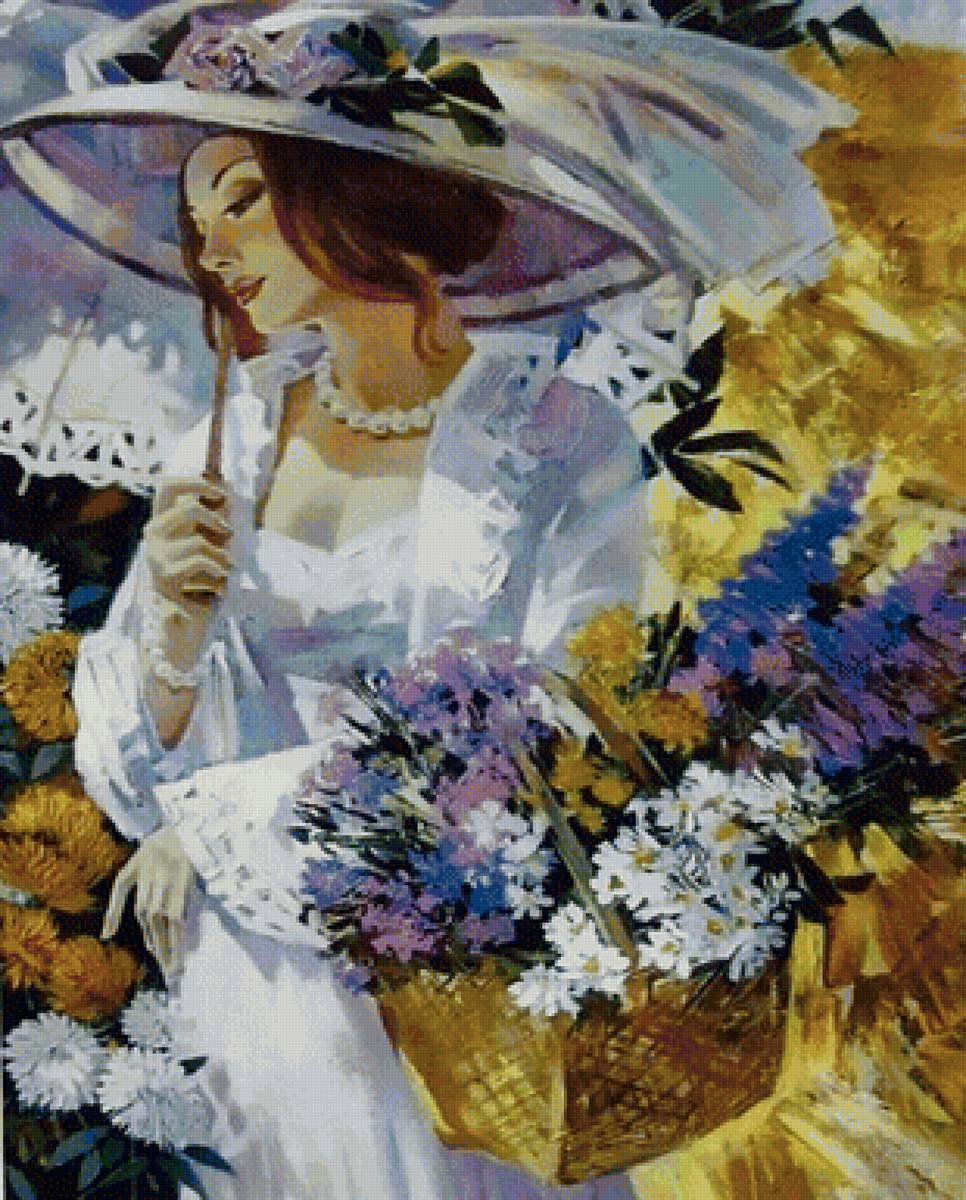 Девушка под зонтом - цветы, девушка, лето - предпросмотр