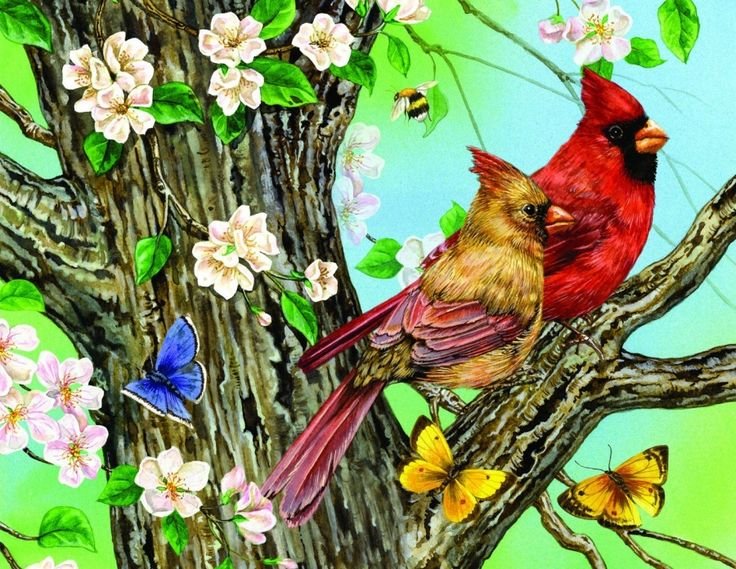 Птички на дереве - дерево, птицы - оригинал