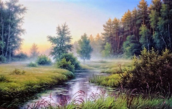 Туман в лесу - пейзаж, лес, картина - оригинал