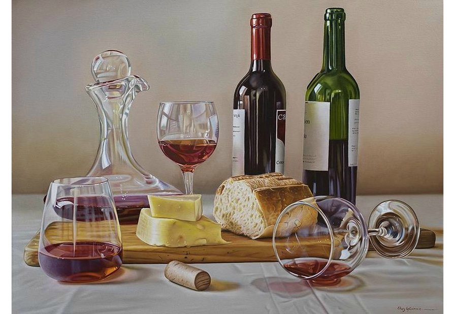 Натюрморт с вином - сыр, бутылки, вино, бокалы - оригинал