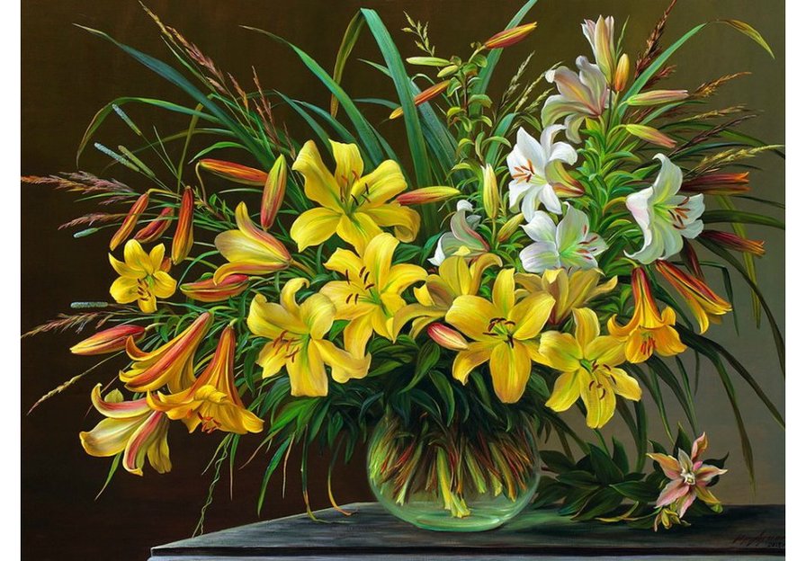 Букет в вазе - желтые лилии, лилии, цветы - оригинал