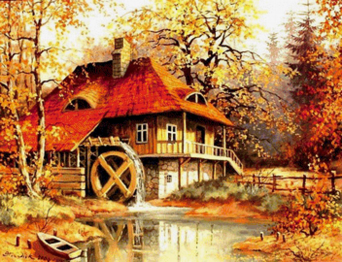 старая мельница - осень, река, мельница - предпросмотр