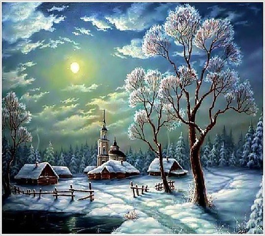 зимняя ночь - зима, деревня, луна, ночь - оригинал