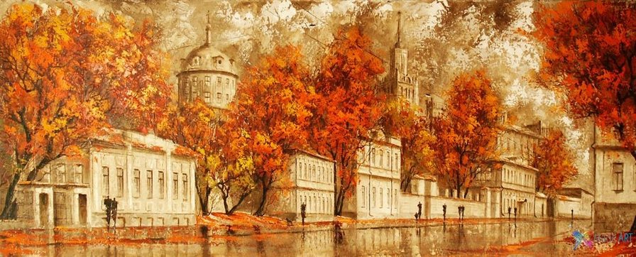 красная осень - картина, осень, дома - оригинал