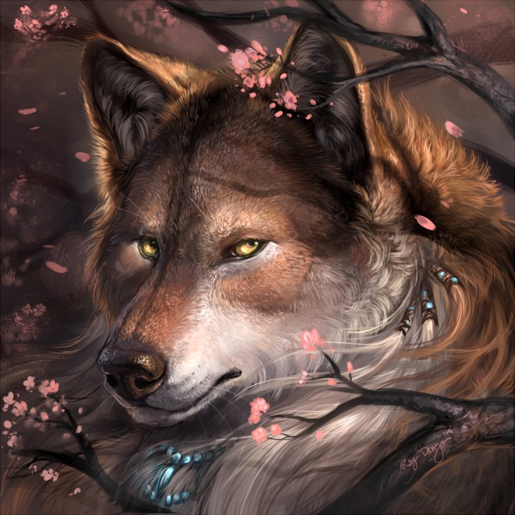 Волчица и сакура - цветы, волк - оригинал