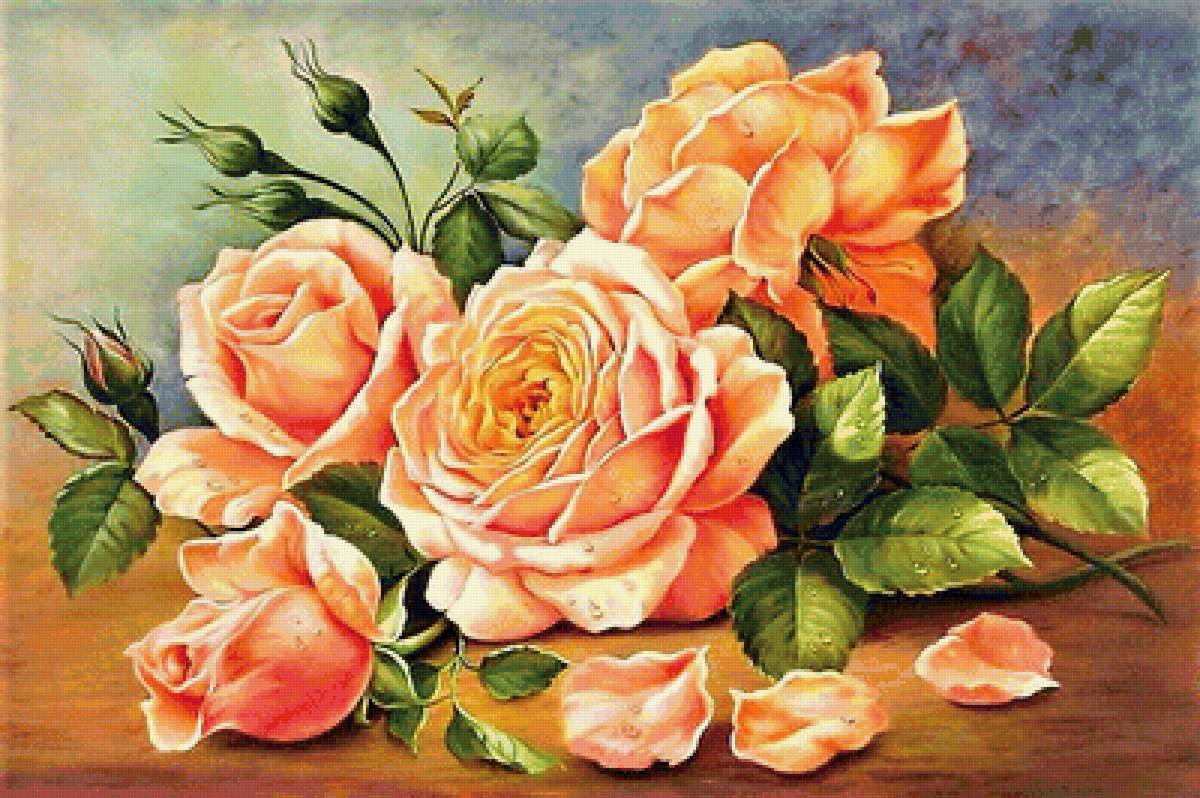 оранжевые розы - живопись, цветы, картина - предпросмотр