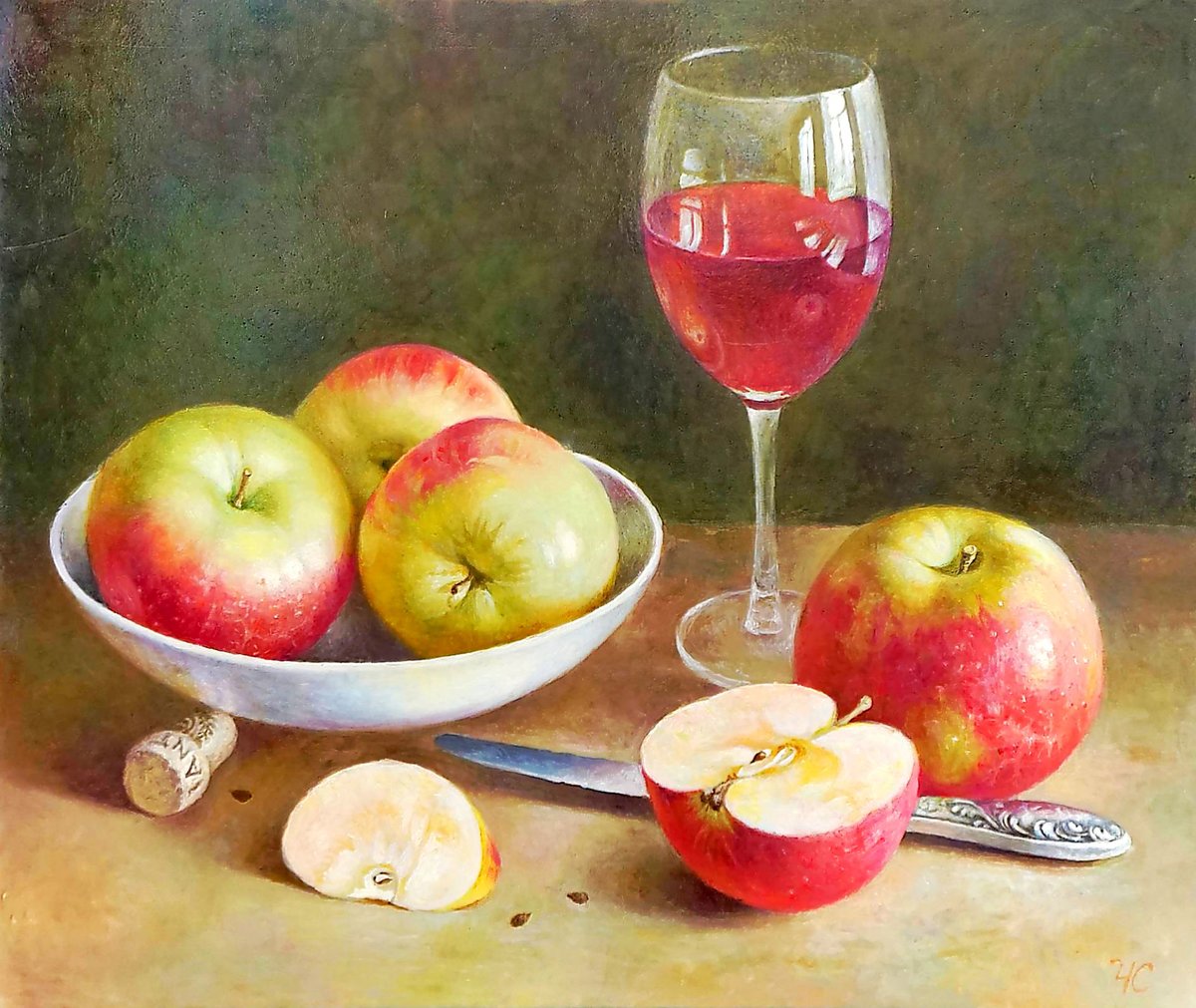 Натюрморт с вином и яблоками. - фрукты. натюрморт, вино, живопись., бокал - оригинал