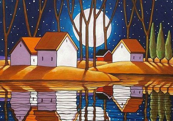 Луна - река, звезды, ночь, дома - оригинал