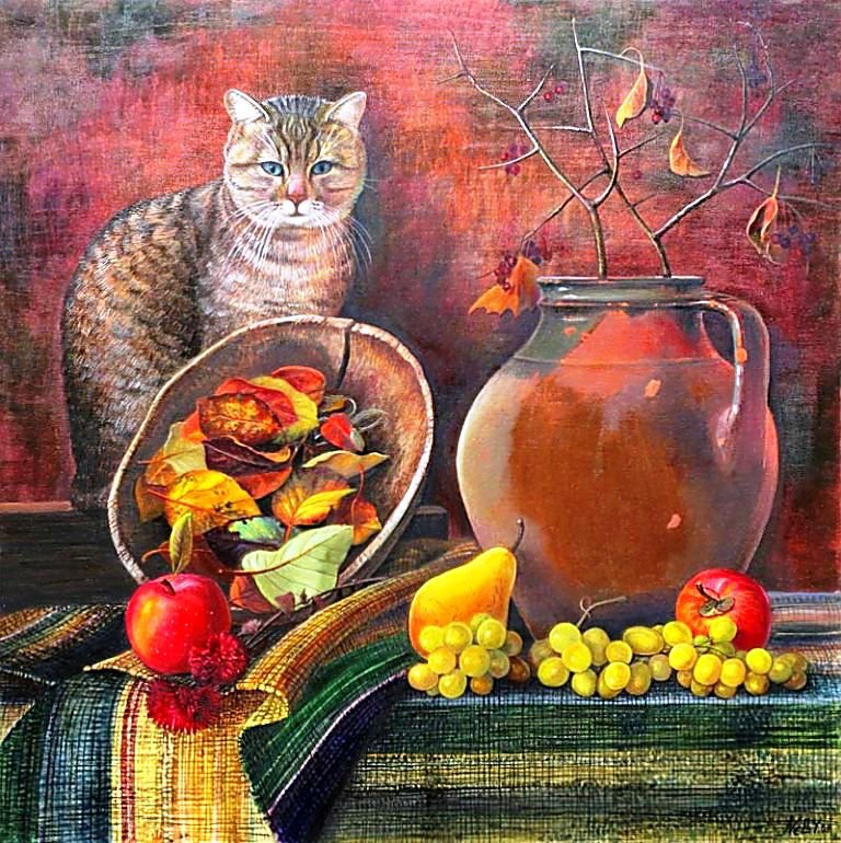 Натюрморт с котом. - живопись., фрукты, кот, натюрморт - оригинал