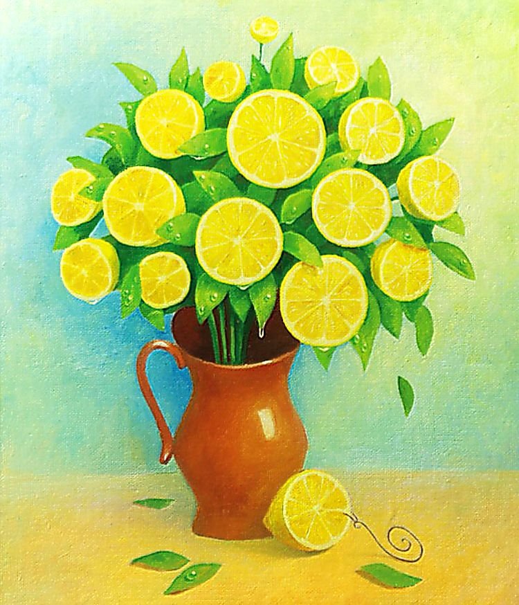Натюрморт с лимоном - живопись., лимон, натюрморт - оригинал