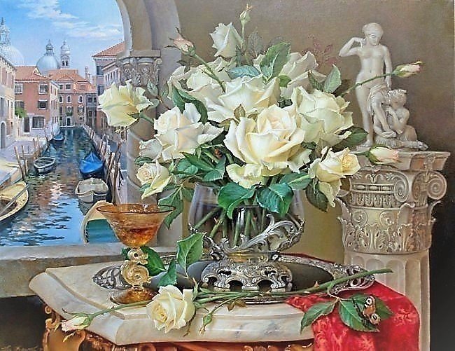 Натюрморт с белыми розами - венеция, натюрморт, живопись, розы - оригинал