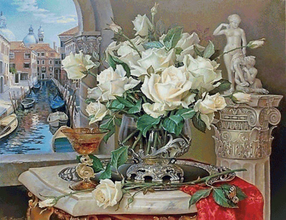 Натюрморт с белыми розами - венеция, живопись, натюрморт, розы - предпросмотр