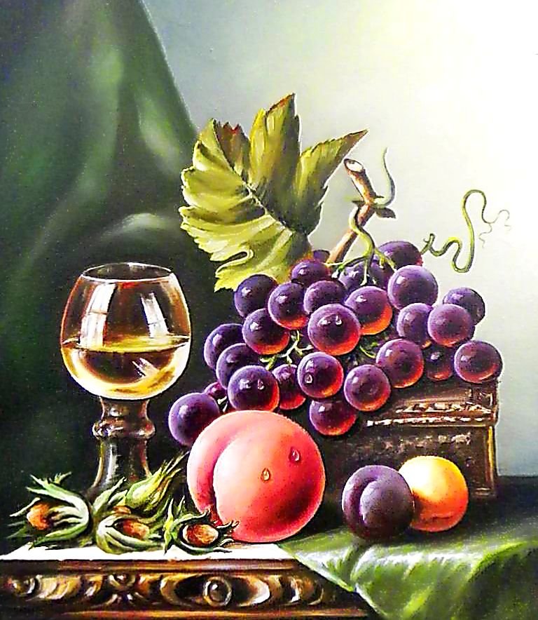 Натюрморт с фруктами и вином. - бокал, вино, живопись., виноград, натюрморт - оригинал