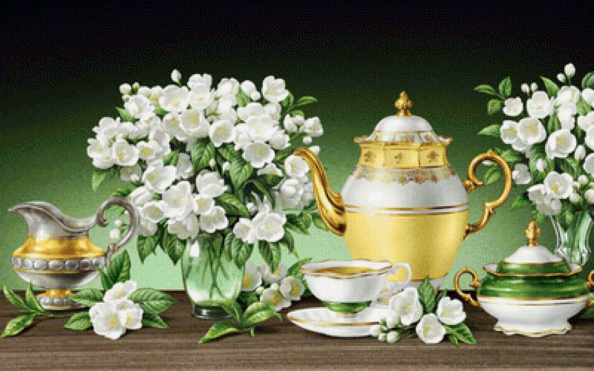 Для кухни - цветы, белые цветы, чашка, букет, чайник - предпросмотр