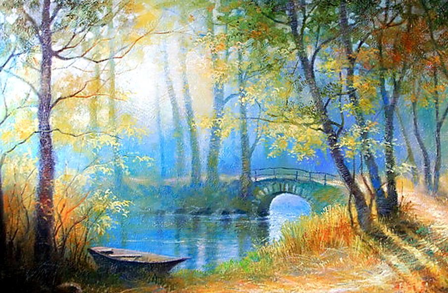 Пейзаж. - картина, живопись., река, осень, лодка - оригинал
