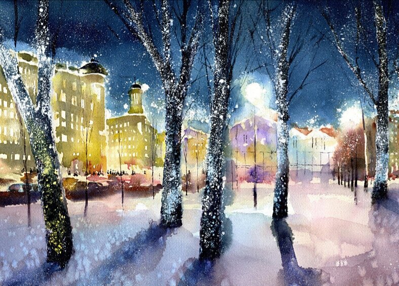 Зимний город - зима, городской пейзаж, город, снег, ночь - оригинал