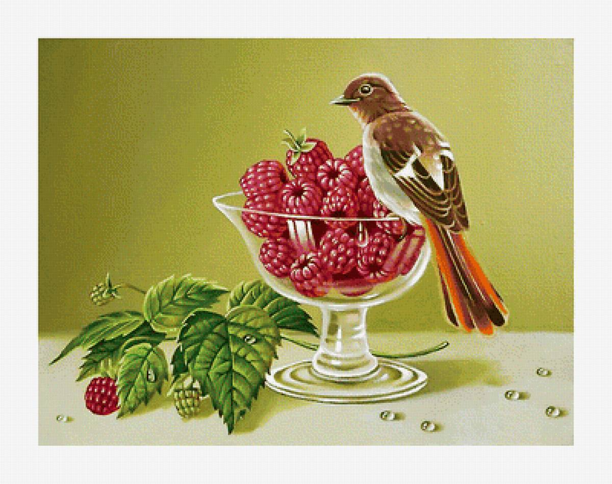 Серия "Натюрморты". - малина, ягоды, птицы, натюрморт - предпросмотр