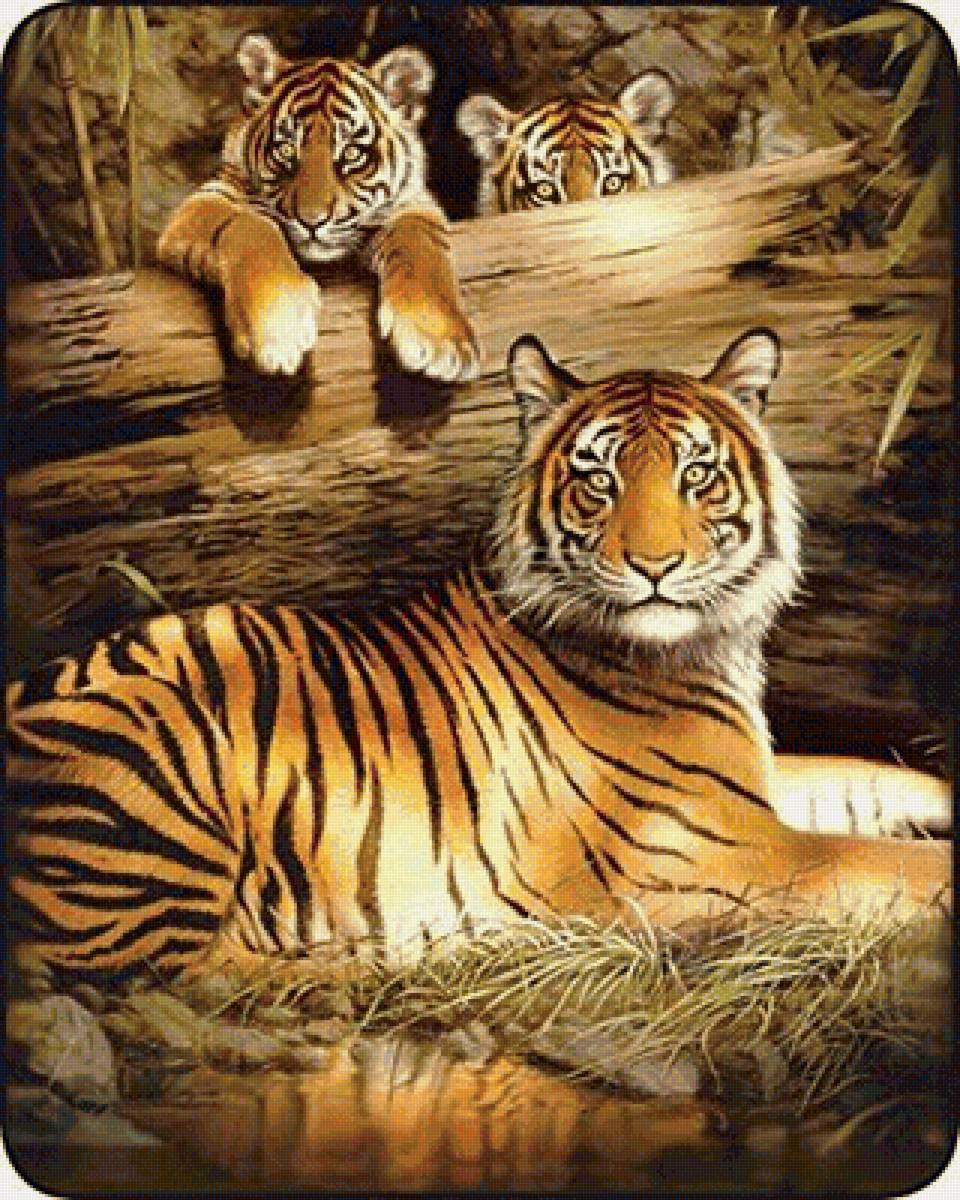 Мама с малышами - тигры, звери, животные - предпросмотр