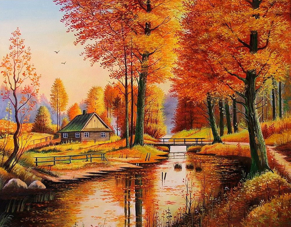 Осенний пейзаж - дом, закат, осень, река, вечер - оригинал