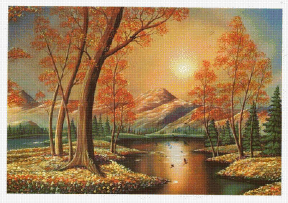 Осенний пейзаж - закат, река, осень, горы - предпросмотр