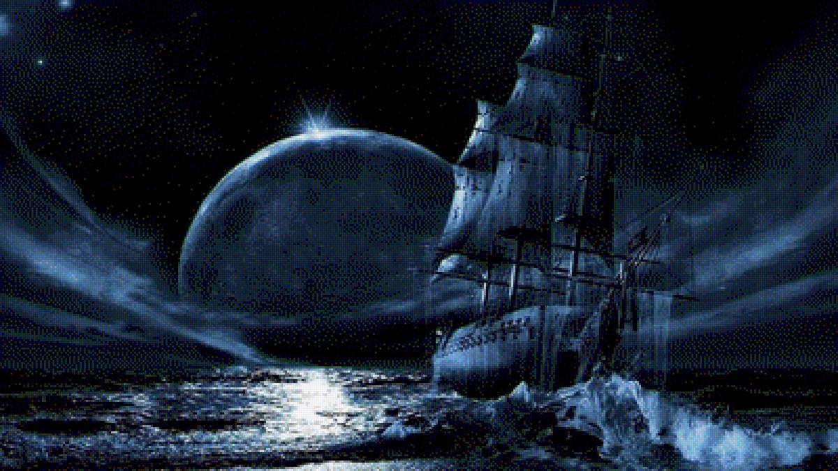 корабль в ночном море - корабли, море, фэнтези - предпросмотр