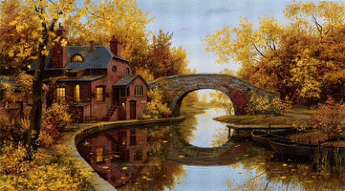Дом у реки - река, мост, осень, дом, лодка - предпросмотр