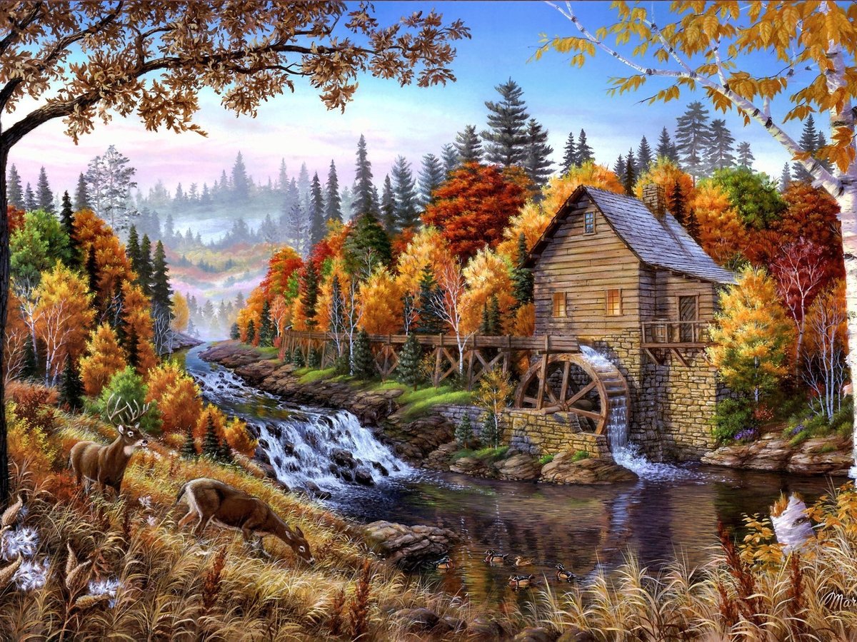 Старая мельница - природа, пейзаж, река, олени, осень, мельница - оригинал