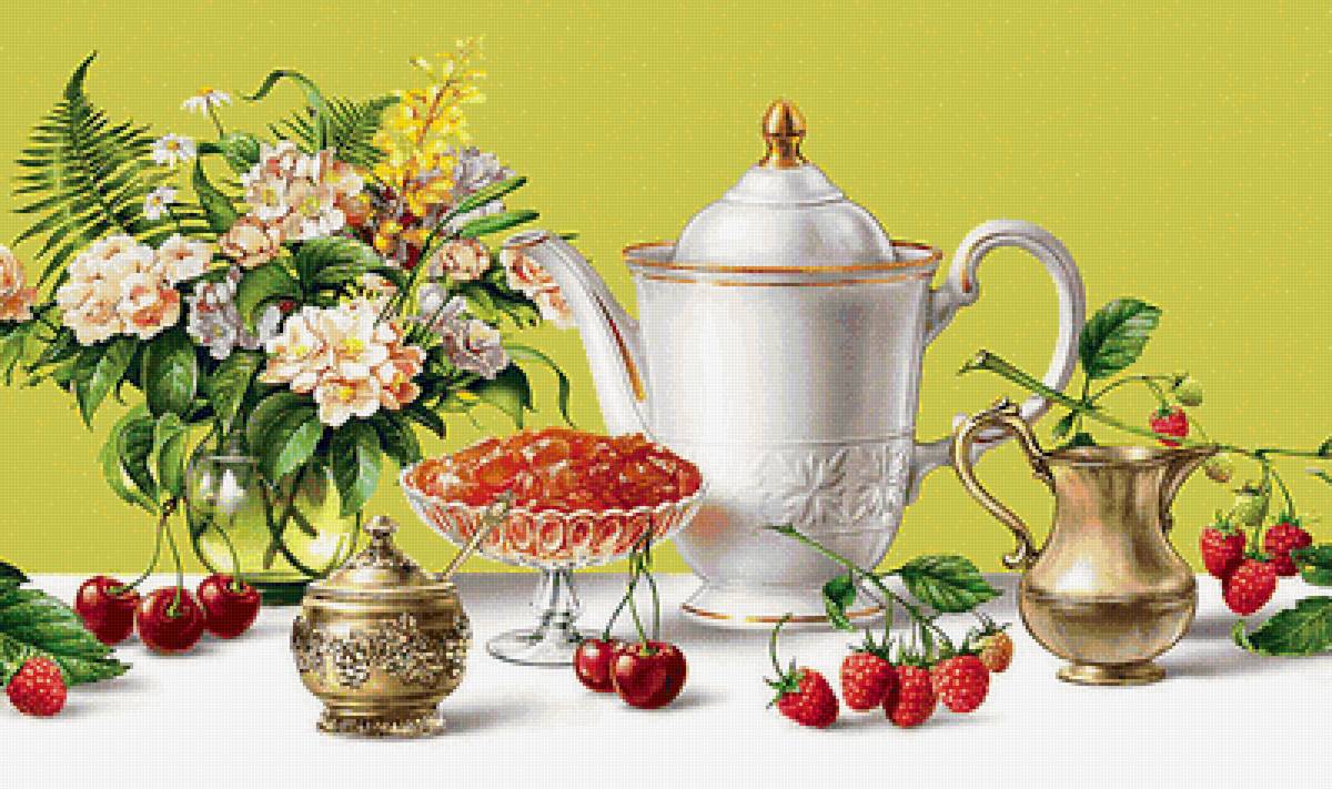 Натюрморт - букет, вишня, цветы, чайник, ягоды, малина - предпросмотр