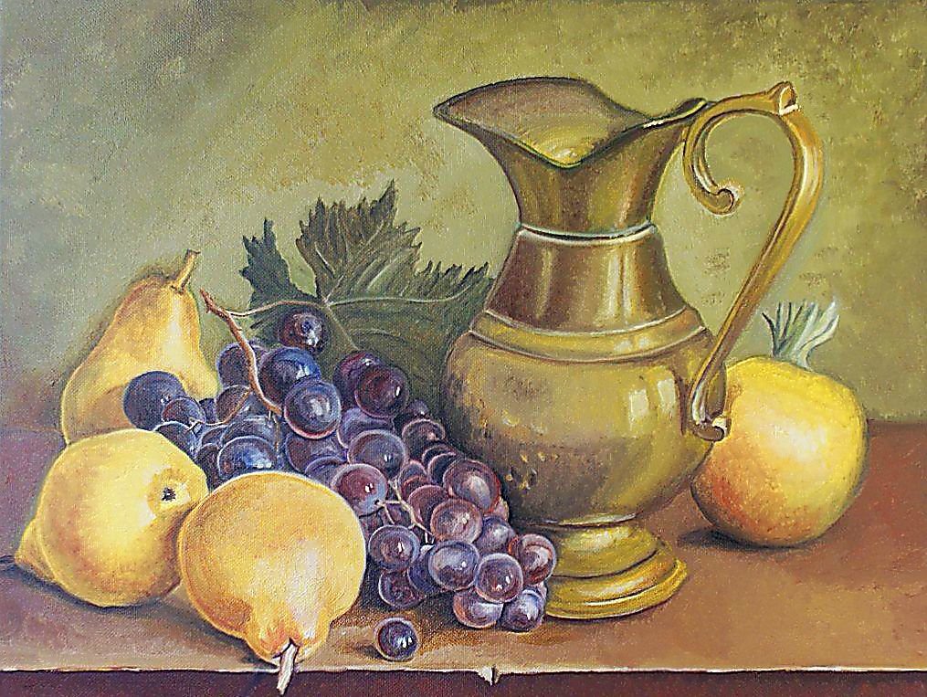 Натюрморт с кувшином и фруктами. - натюрморт. живопись., кувшин, груши, виноград - оригинал