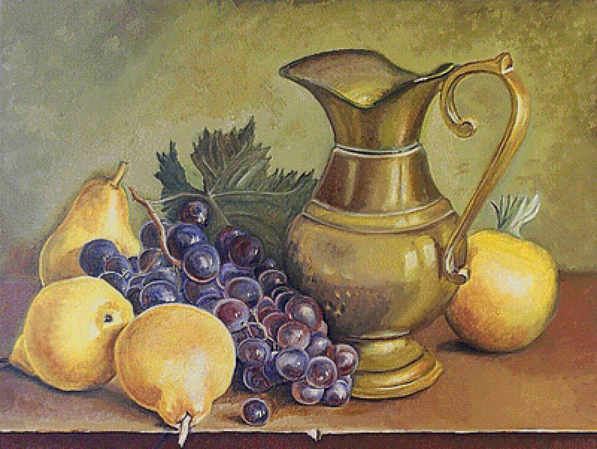 Натюрморт с кувшином и фруктами. - натюрморт. живопись., кувшин, груши, виноград - предпросмотр