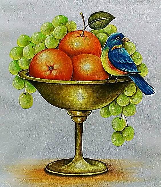 Натюрморт. - живопись., фрукты, виноград, ваза, натюрморт, птичка - оригинал