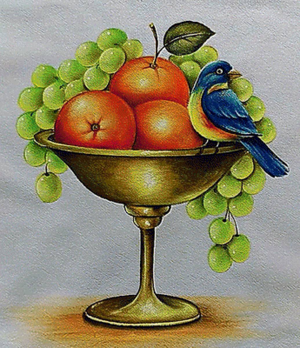 Натюрморт. - птичка, виноград, живопись., натюрморт, ваза, фрукты - предпросмотр
