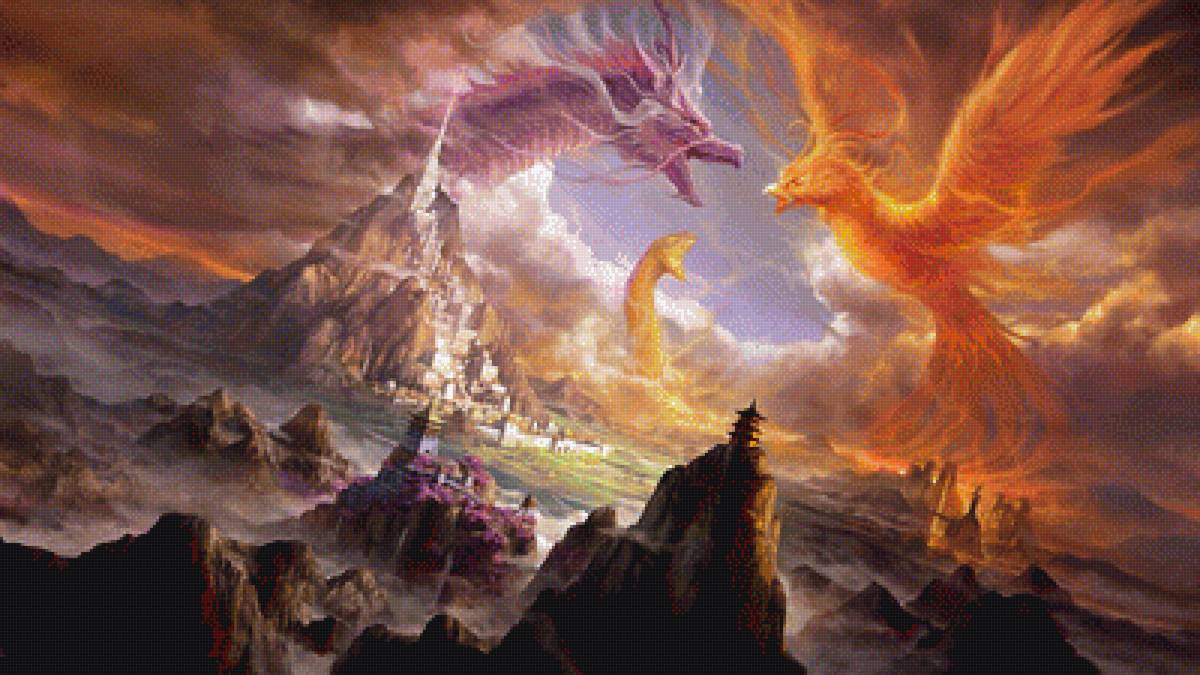 Дракон и феникс - царство, дракон, феникс, фэнтези, война, битва - предпросмотр