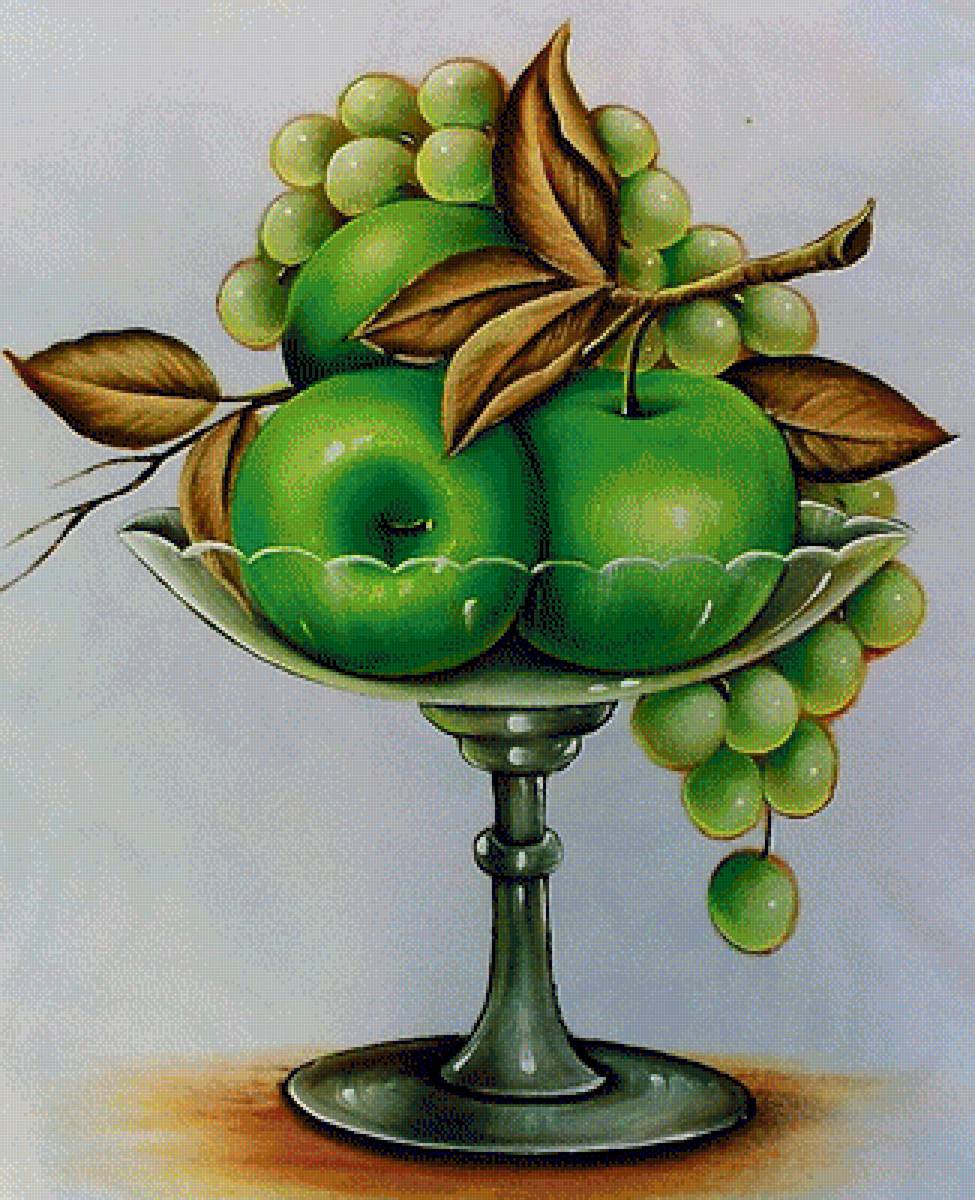 Натюрморт. - виноград, яблоки, живопись., натюрморт, ваза - предпросмотр