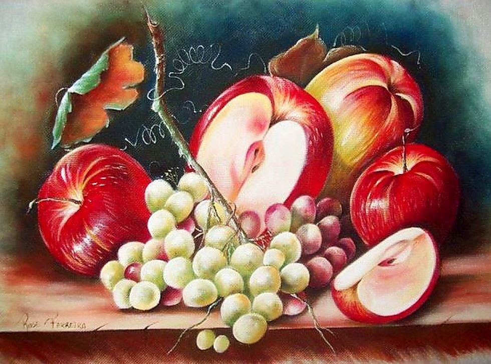 Натюрморт. - натюрморт. живопись., яблоки, виноград - оригинал