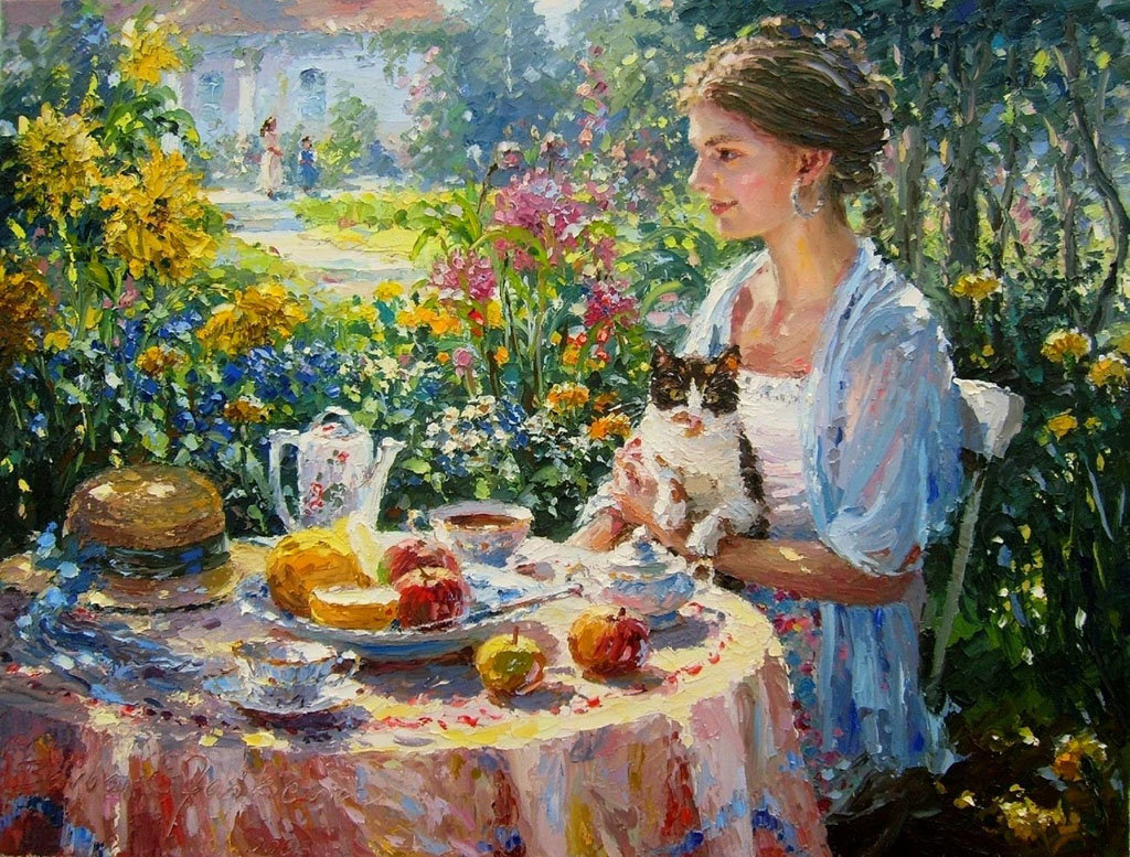 чаепитие в саду - солнце, сад, лето, чаепитие, женщина - оригинал