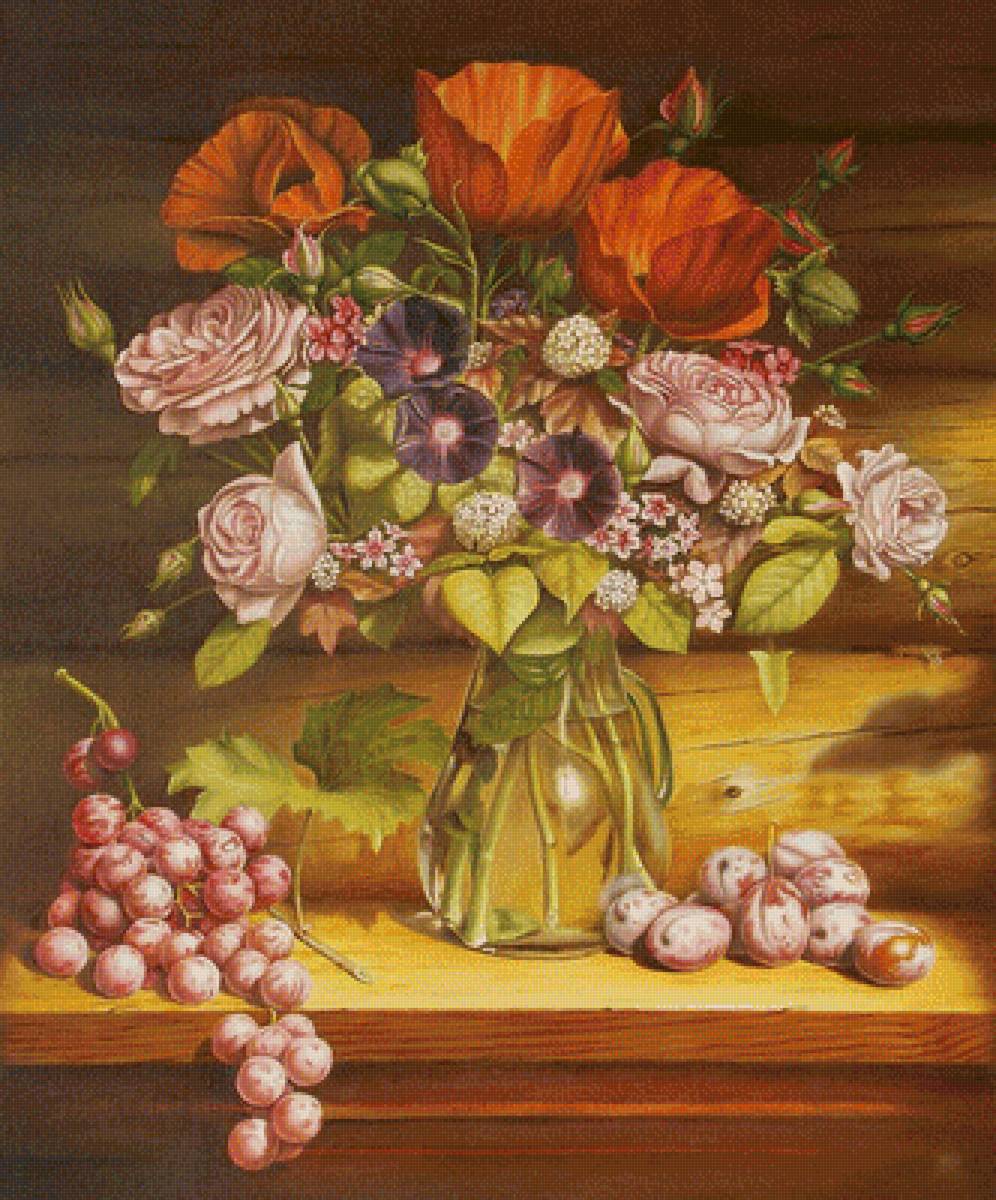 Натюрморт - виноград, букет, цветы, букет в вазе - предпросмотр