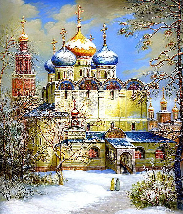 Храм - церковь, пейзаж, купола, зима - оригинал