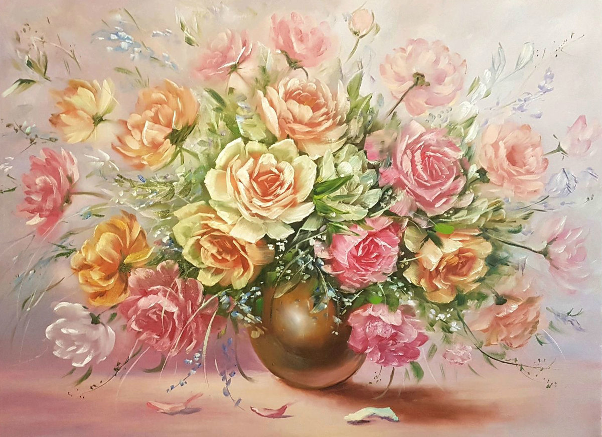 Букет в вазе - розовые цветы, розы. цветы в вазе, цветы - оригинал