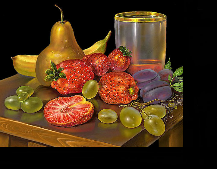 Натюрморт - стакан, виноград, сливы, банан, груша, клубника - оригинал