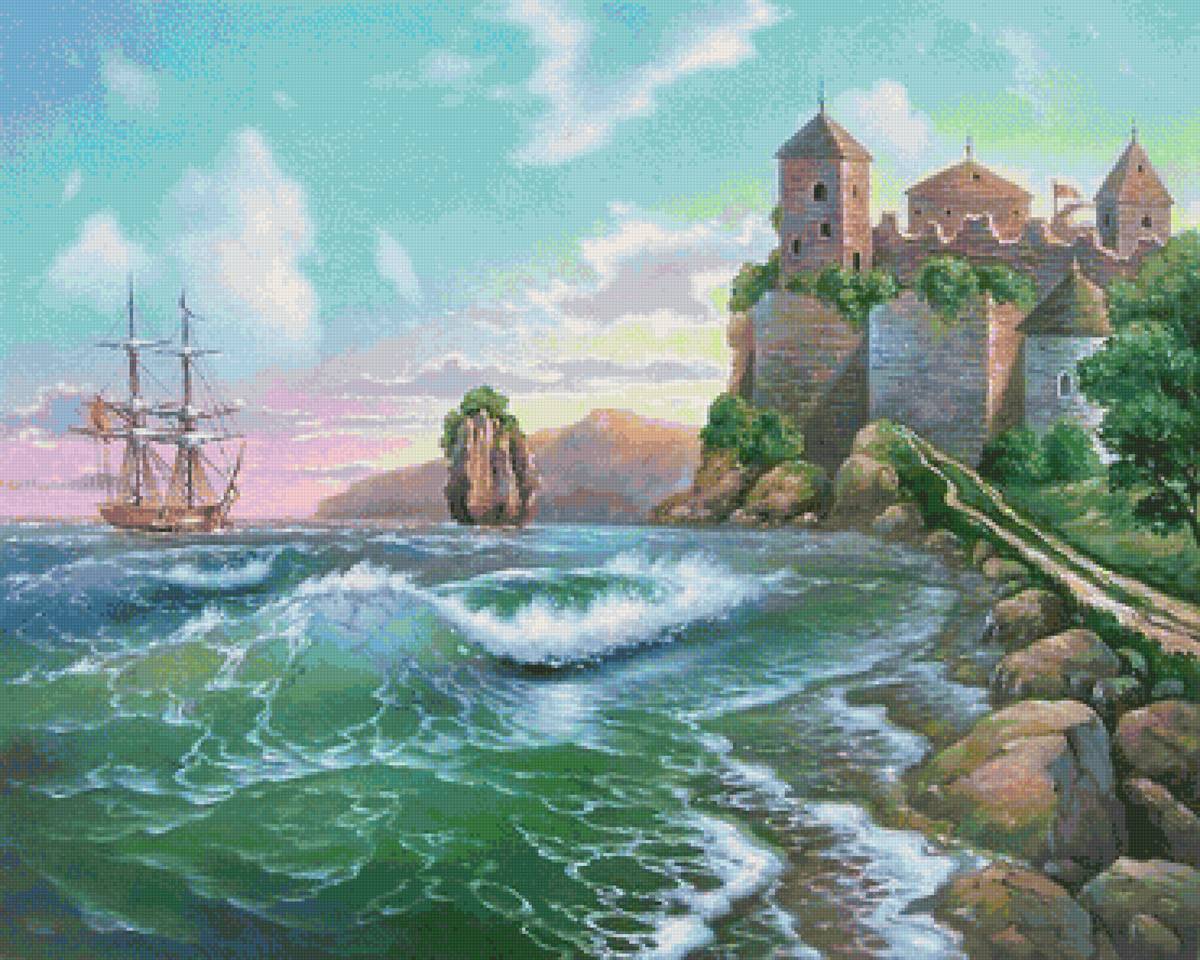 Морской пейзаж - живопись, море, корабль, замок - предпросмотр