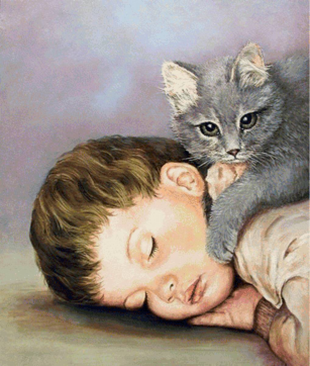 Охраняющий сон - котенок, сон, ребенок, мальчик - предпросмотр
