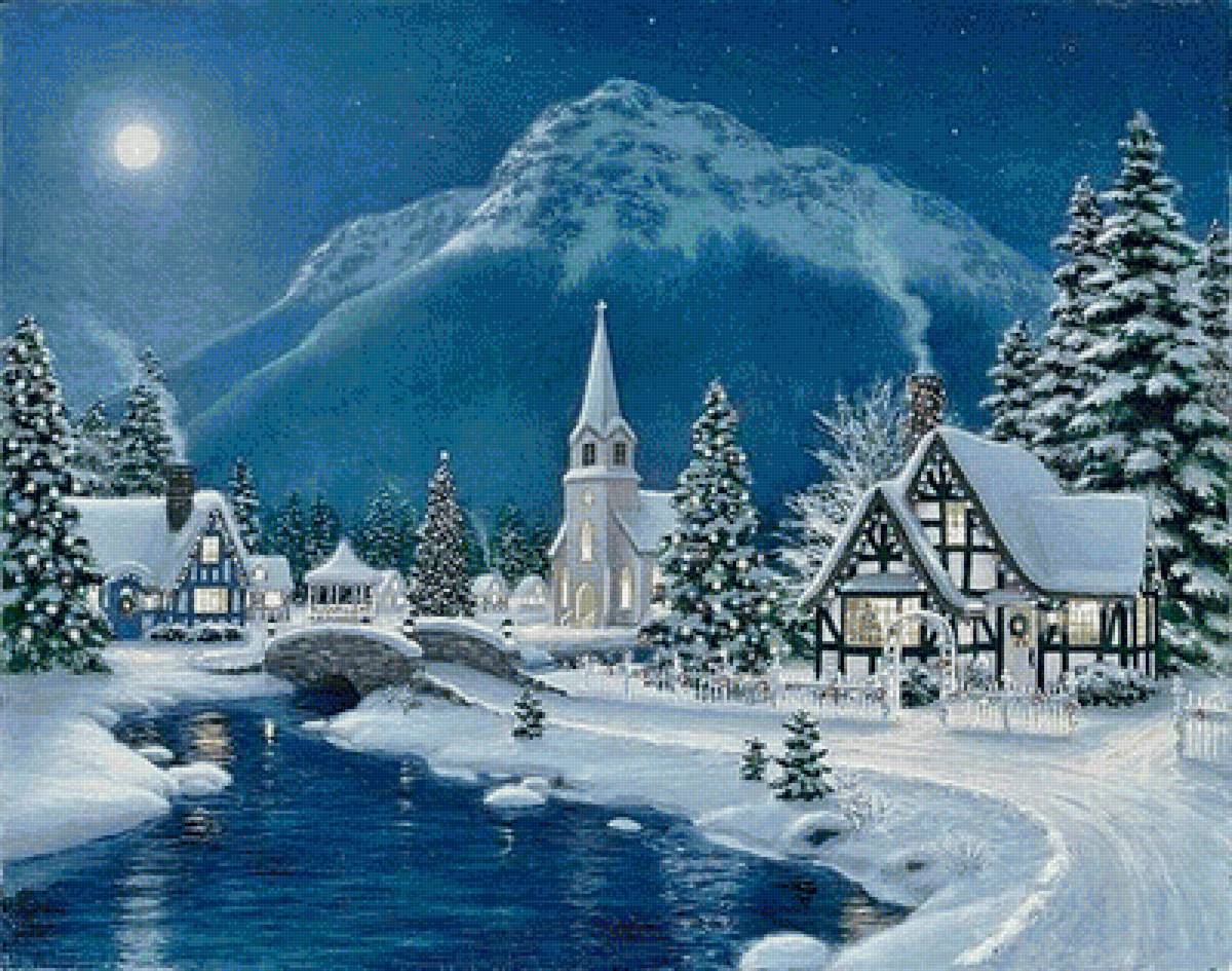 Зимний пейзаж - горы, ночь, дом, река, зима, луна, снег - предпросмотр