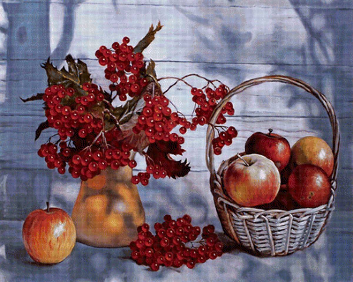 Калина и яблоки - корзина, ягоды, осенний букет, фрукты - предпросмотр