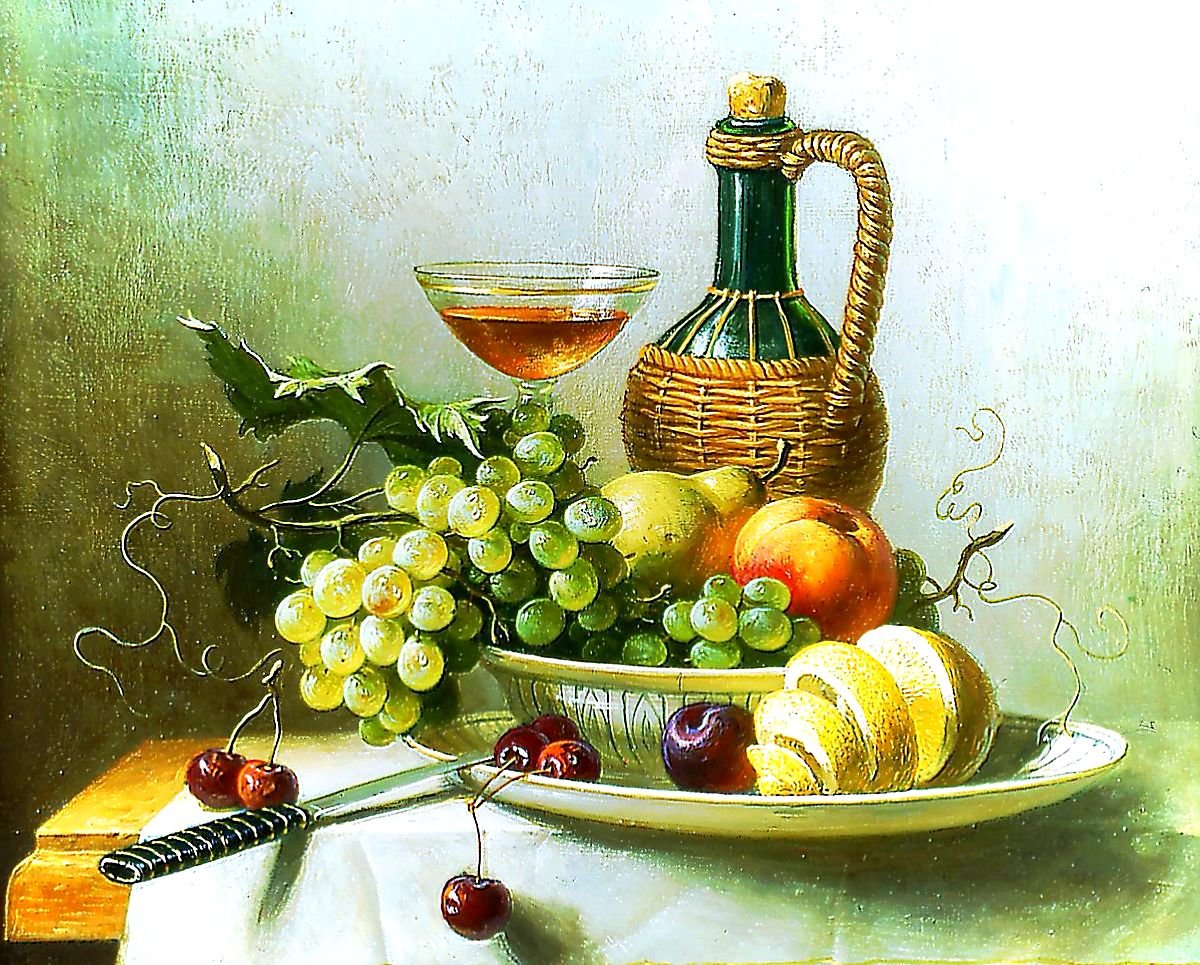 Натюрморт. - натюрморт, вино, живопись., фрукты - оригинал