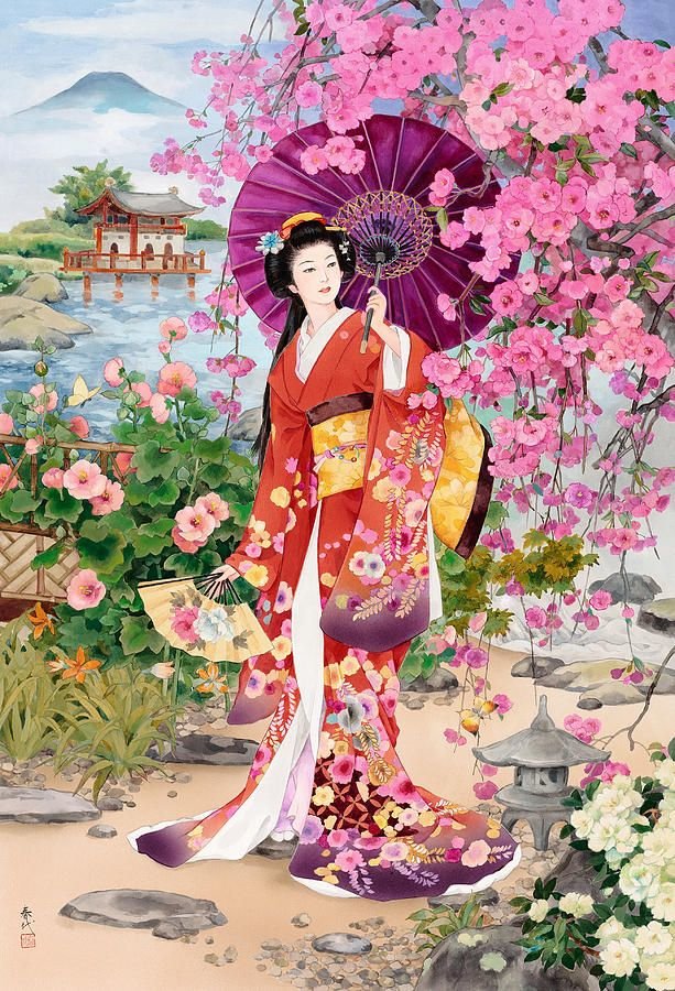 Девушка - гейша, кимоно, сакура, япония - оригинал