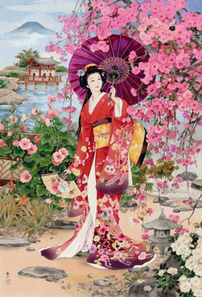 Девушка - япония, гейша, кимоно, сакура - предпросмотр