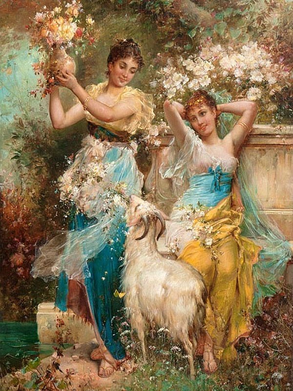 подруги с цветами - картина, девушки, коза - оригинал